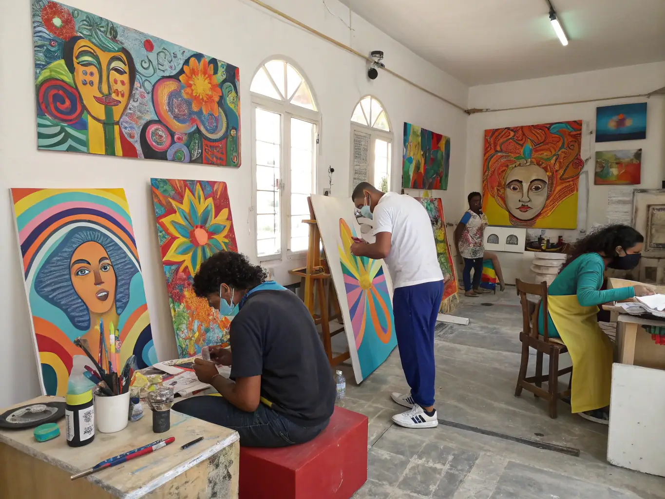 A colorful art studio filled with paintings, sculptures, and various art supplies. Artists are working on their projects, showcasing different styles and techniques. The scene is inspiring and vibrant, highlighting the beauty of artistic expression.