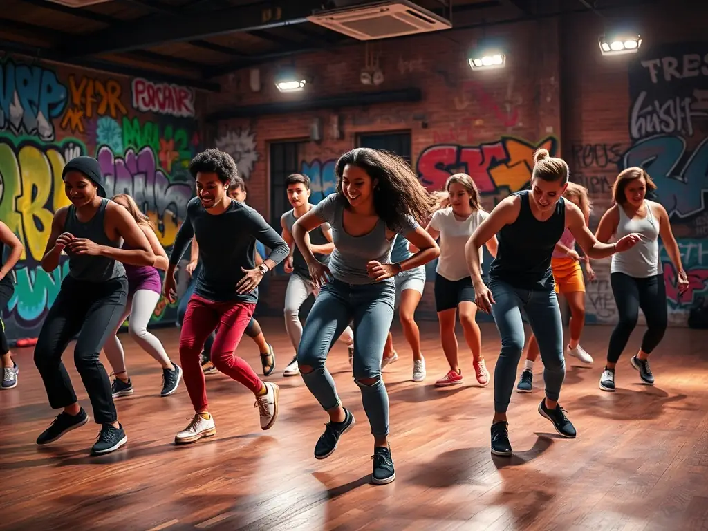 A dynamic dance class in progress, with participants of all ages and skill levels moving to the rhythm of the music. The instructor is leading the class with enthusiasm, creating a fun and inclusive environment.