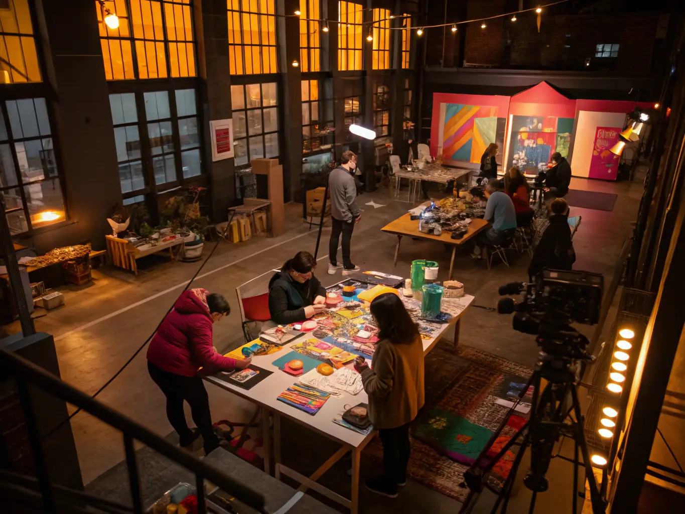 A brightly lit studio with people enthusiastically working on various DIY projects, such as painting, crafting, and building small structures. The atmosphere is energetic and collaborative, showcasing the fun of DIY hobbies.